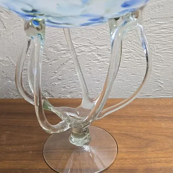 MAKORA KROSNO OCTOPUS JELLYFISH COBALT GLASS COMPOTE PEDESTAL BOWL, VINTAGE
